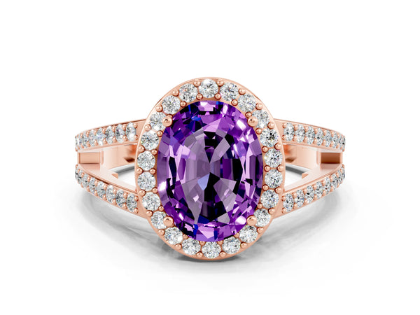 Rose gold Oval Cut Amethyst Halo Ring with Split Shank U-Prong Band and Four-Prong Setting