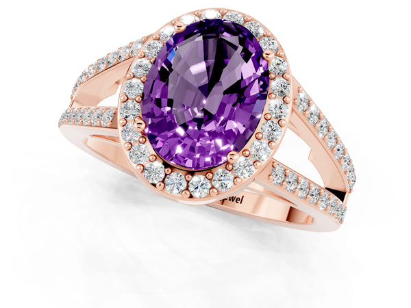 Rose gold Oval Cut Amethyst Halo Ring with Split Shank U-Prong Band and Four-Prong Setting