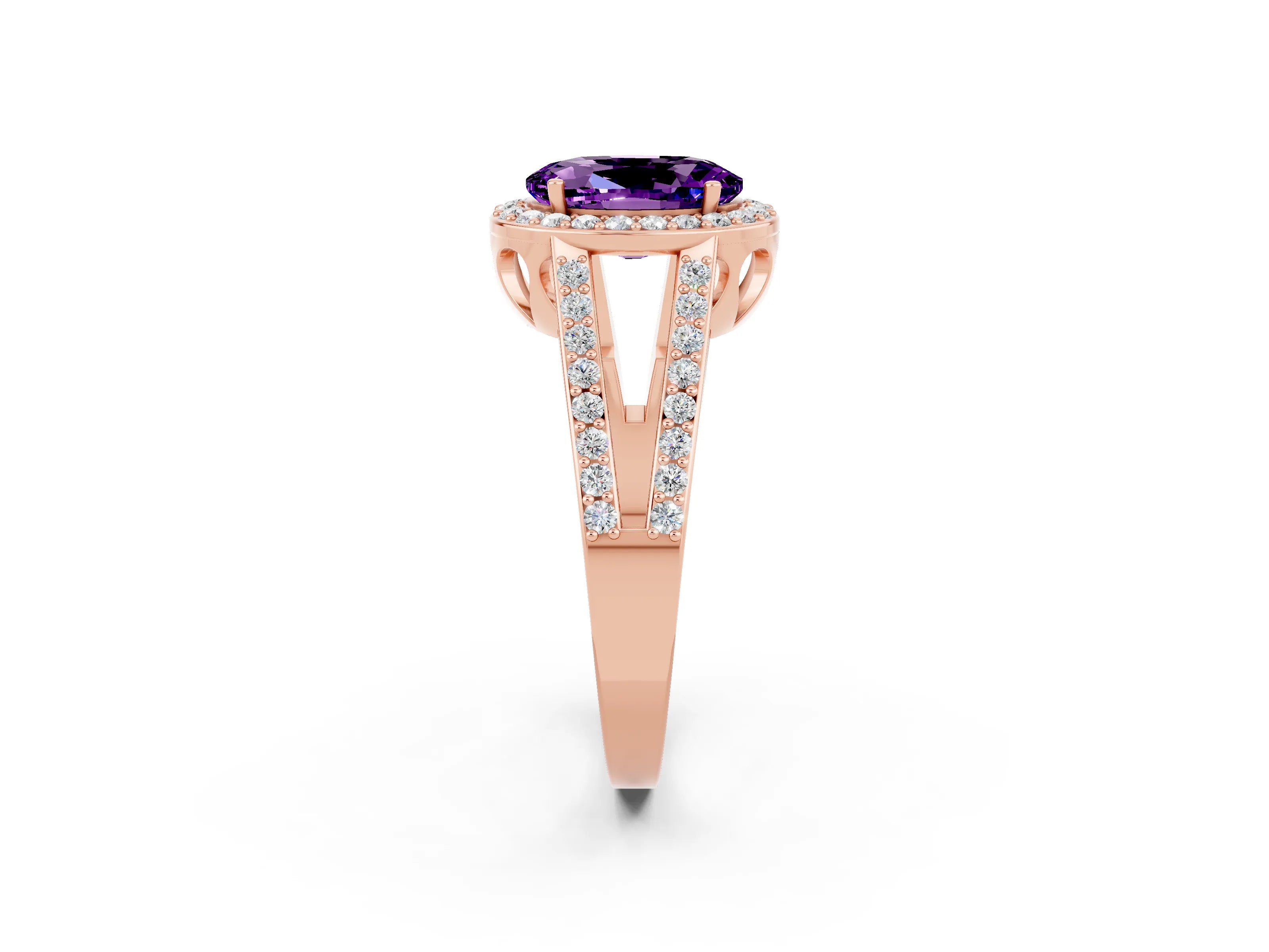 Rose gold Oval Cut Amethyst Halo Ring with Split Shank U-Prong Band and Four-Prong Setting_2