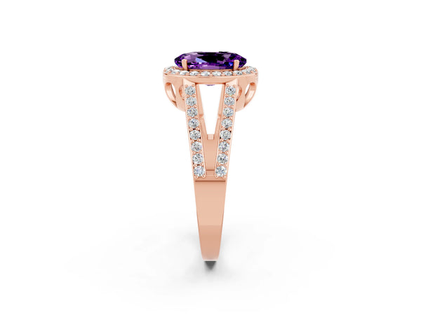 Rose gold Oval Cut Amethyst Halo Ring with Split Shank U-Prong Band and Four-Prong Setting