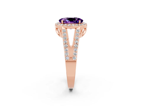Rose gold Oval Cut Amethyst Halo Ring with Split Shank U-Prong Band and Four-Prong Setting_2