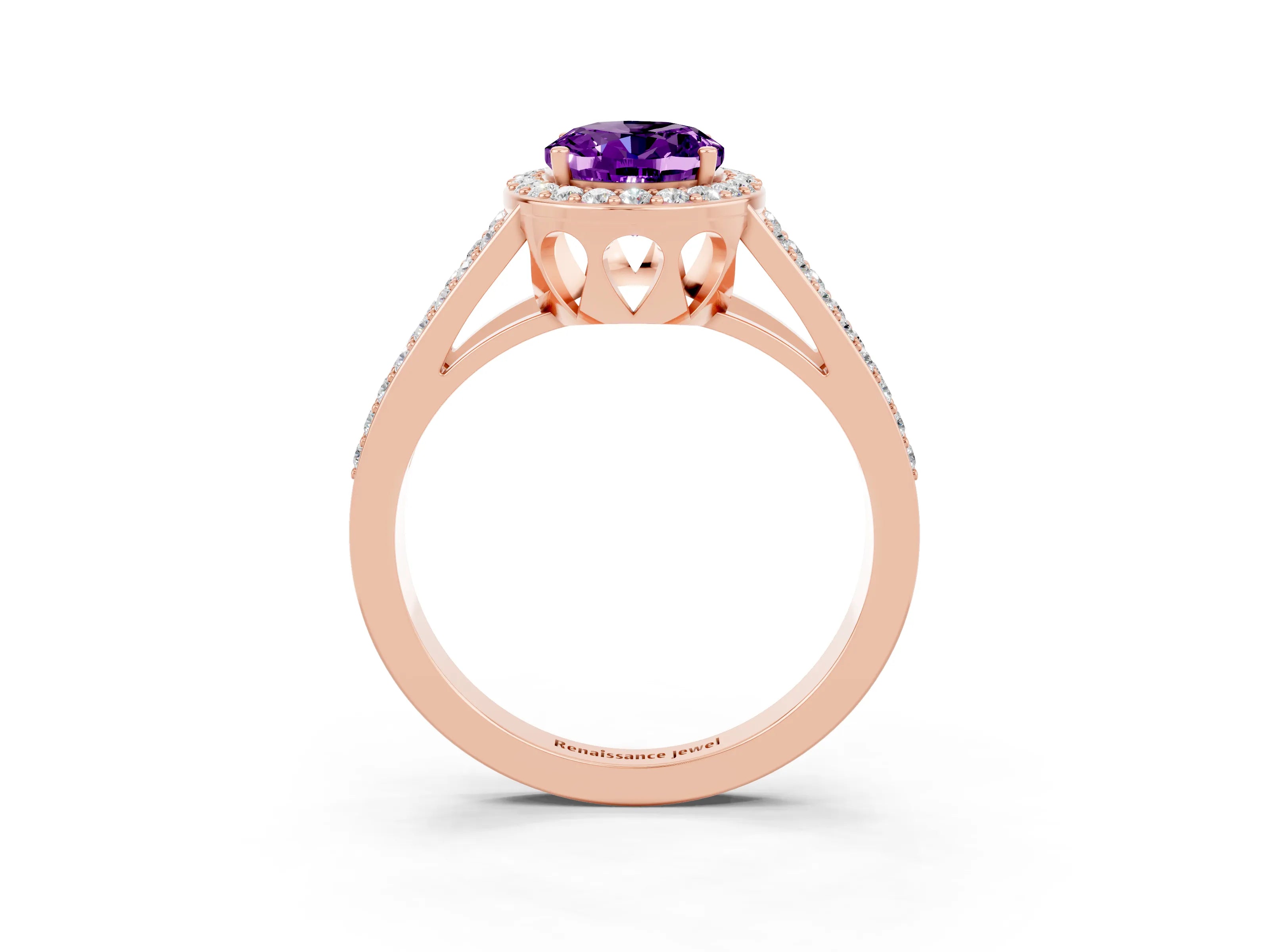 Rose gold Oval Cut Amethyst Halo Ring with Split Shank U-Prong Band and Four-Prong Setting_3