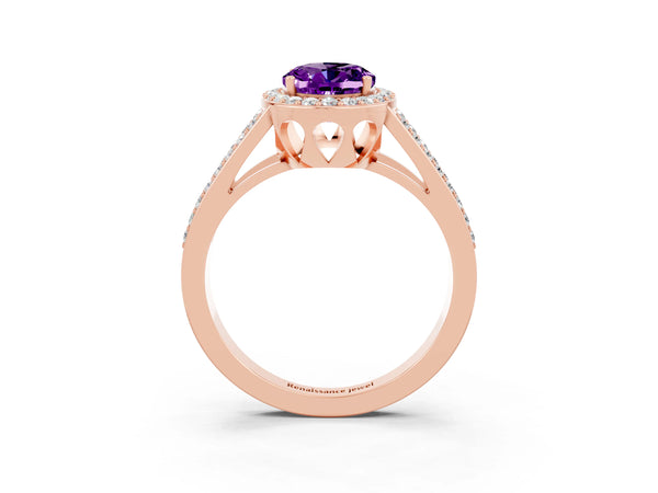 Rose gold Oval Cut Amethyst Halo Ring with Split Shank U-Prong Band and Four-Prong Setting