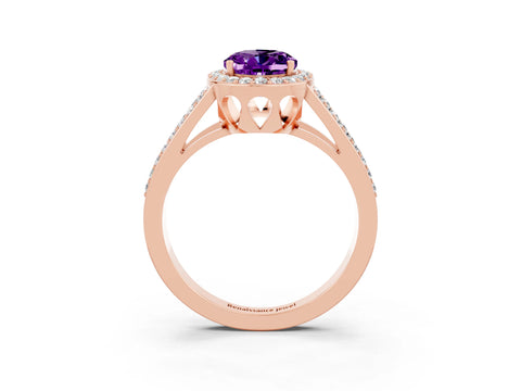 Rose gold Oval Cut Amethyst Halo Ring with Split Shank U-Prong Band and Four-Prong Setting_3