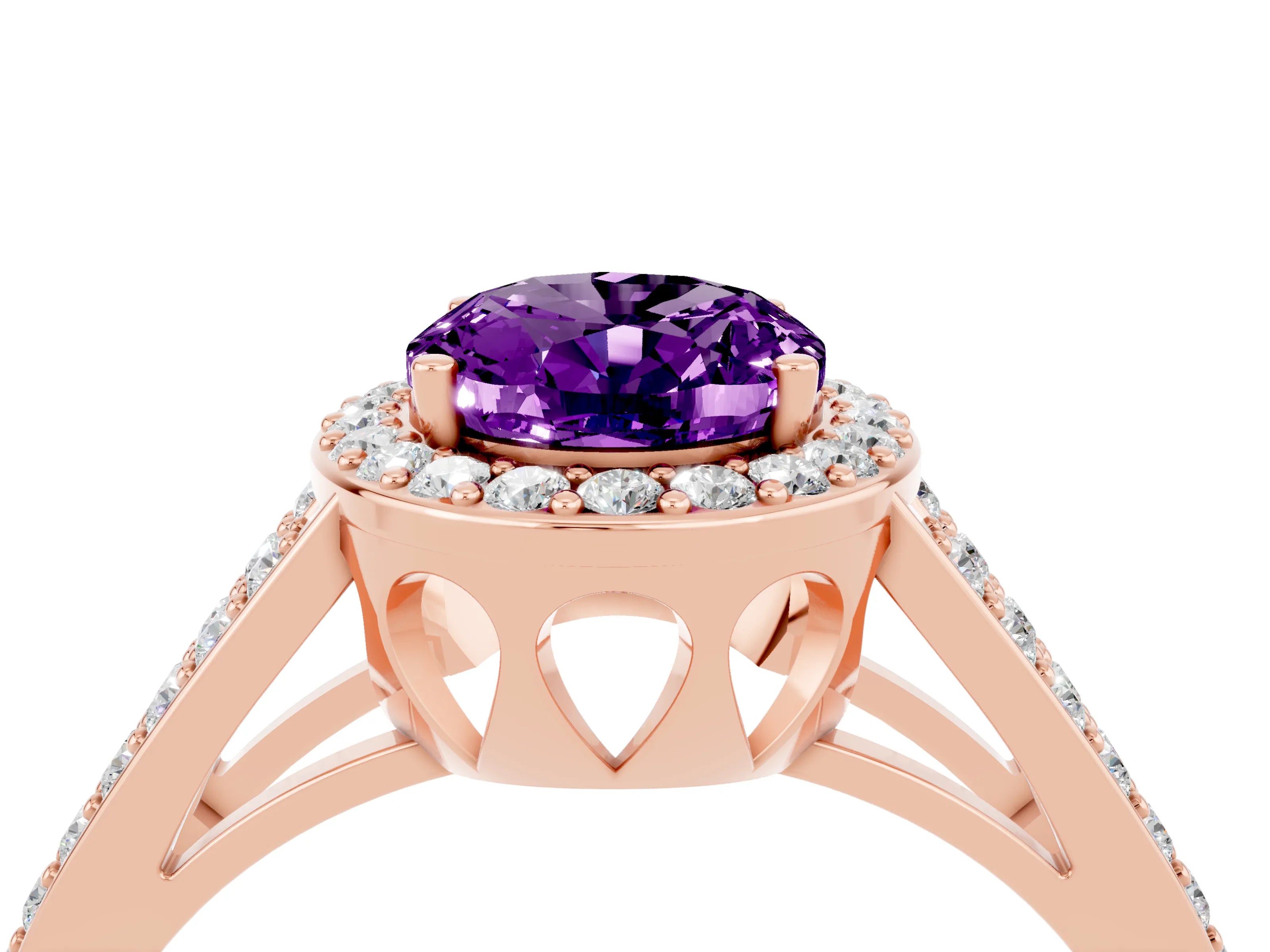 Rose gold Oval Cut Amethyst Halo Ring with Split Shank U-Prong Band and Four-Prong Setting_4
