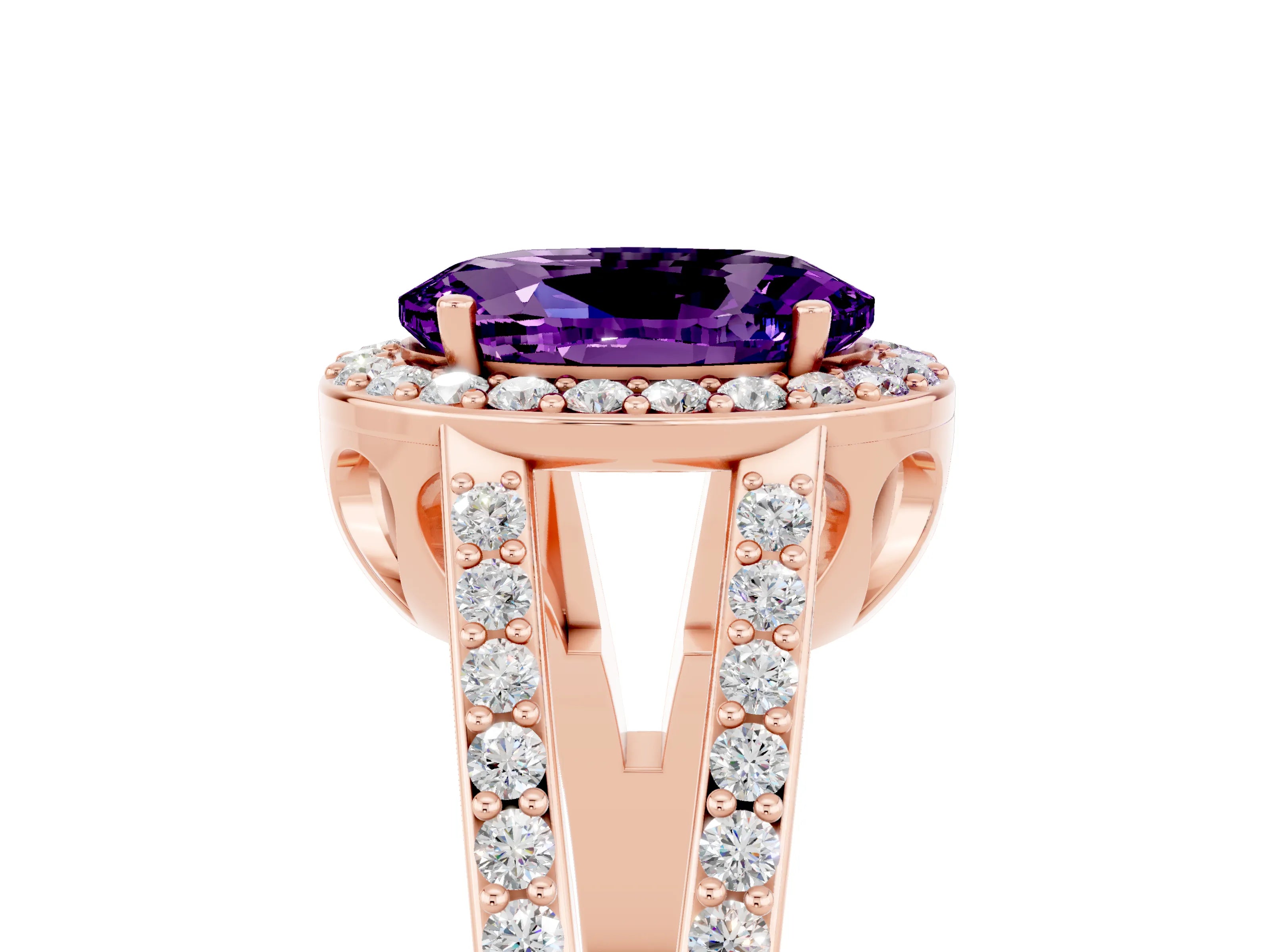 Rose gold Oval Cut Amethyst Halo Ring with Split Shank U-Prong Band and Four-Prong Setting_5