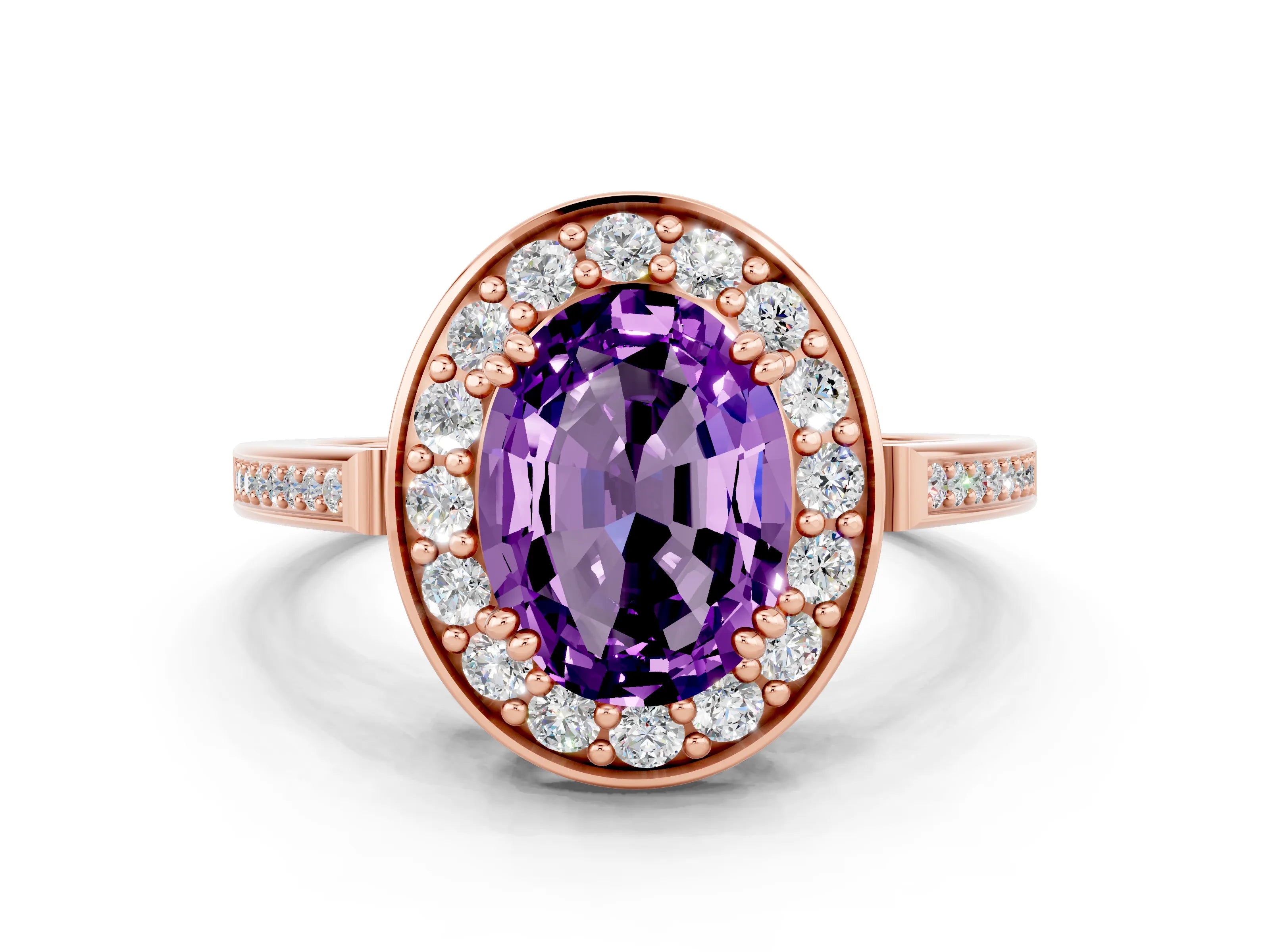 Rose gold Oval Cut Amethyst Halo Ring with Split Shank and Four-Prong Setting