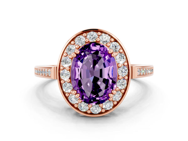 Rose gold Oval Cut Amethyst Halo Ring with Split Shank and Four-Prong Setting