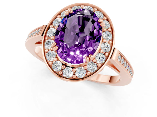 Rose gold Oval Cut Amethyst Halo Ring with Split Shank and Four-Prong Setting