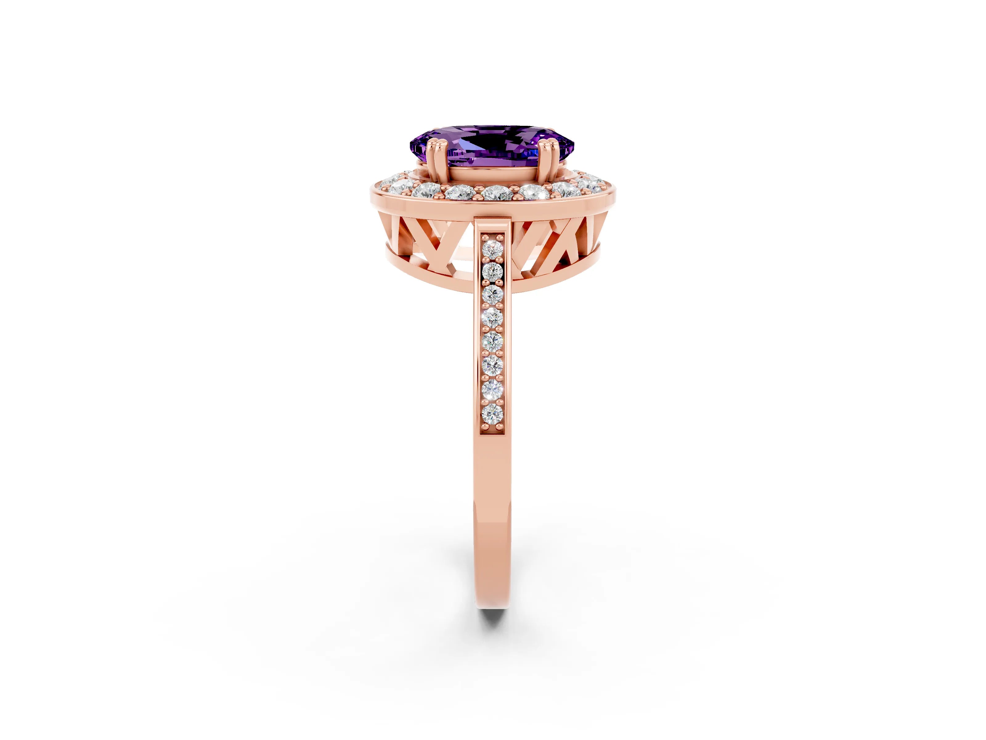 Rose gold Oval Cut Amethyst Halo Ring with Split Shank and Four-Prong Setting_2