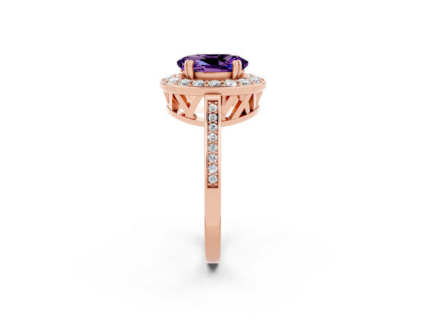 Rose gold Oval Cut Amethyst Halo Ring with Split Shank and Four-Prong Setting