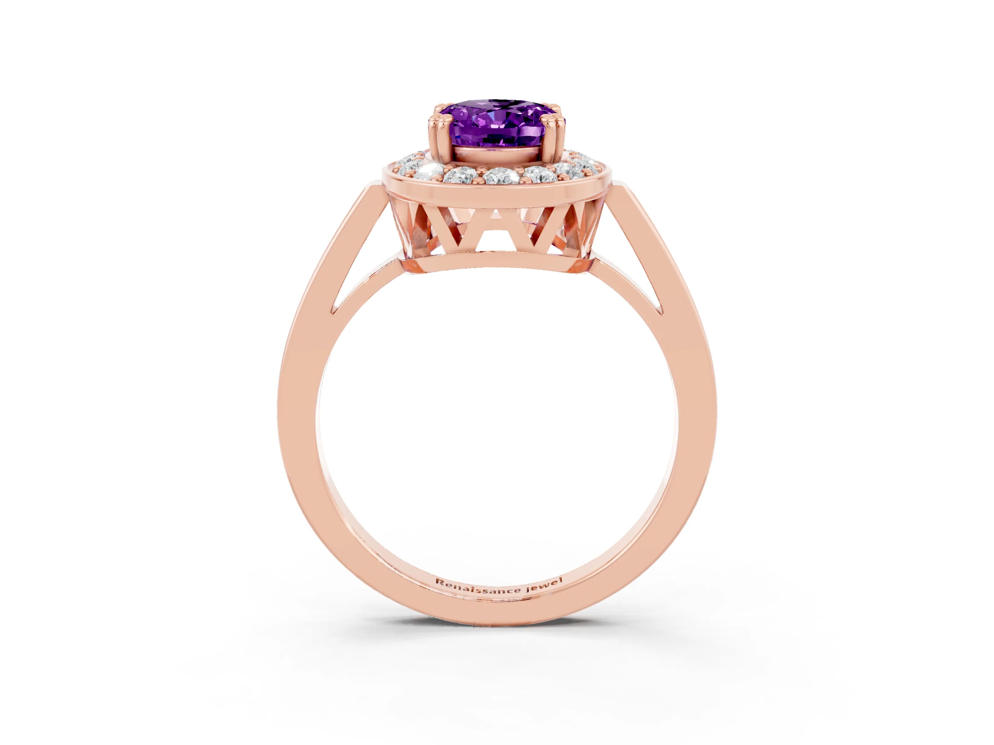 Rose gold Oval Cut Amethyst Halo Ring with Split Shank and Four-Prong Setting_3