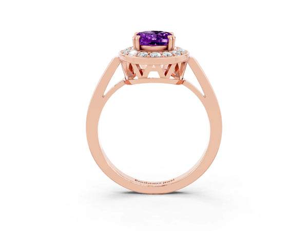 Rose gold Oval Cut Amethyst Halo Ring with Split Shank and Four-Prong Setting