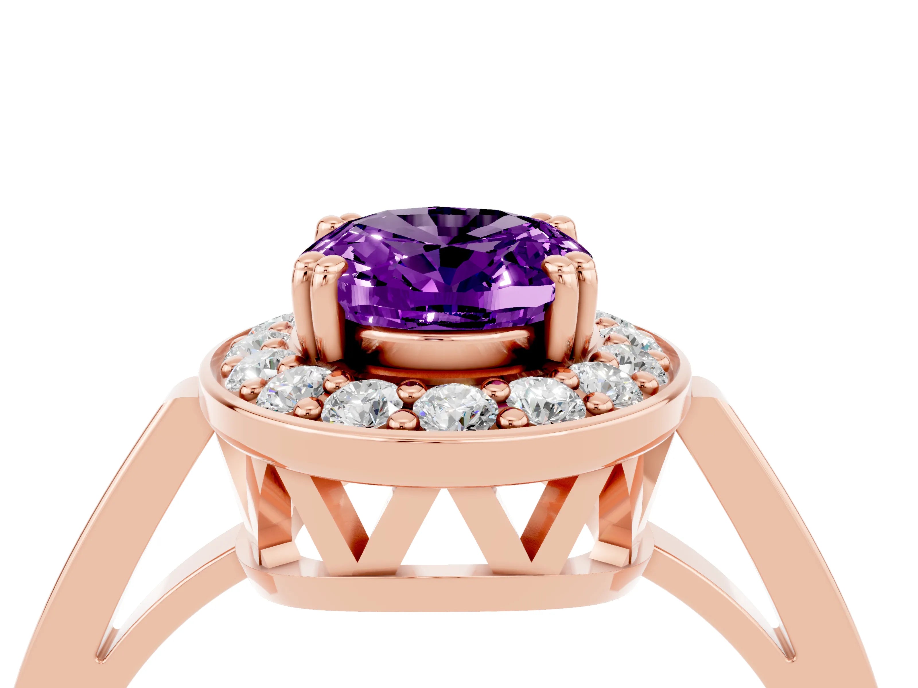 Rose gold Oval Cut Amethyst Halo Ring with Split Shank and Four-Prong Setting_4