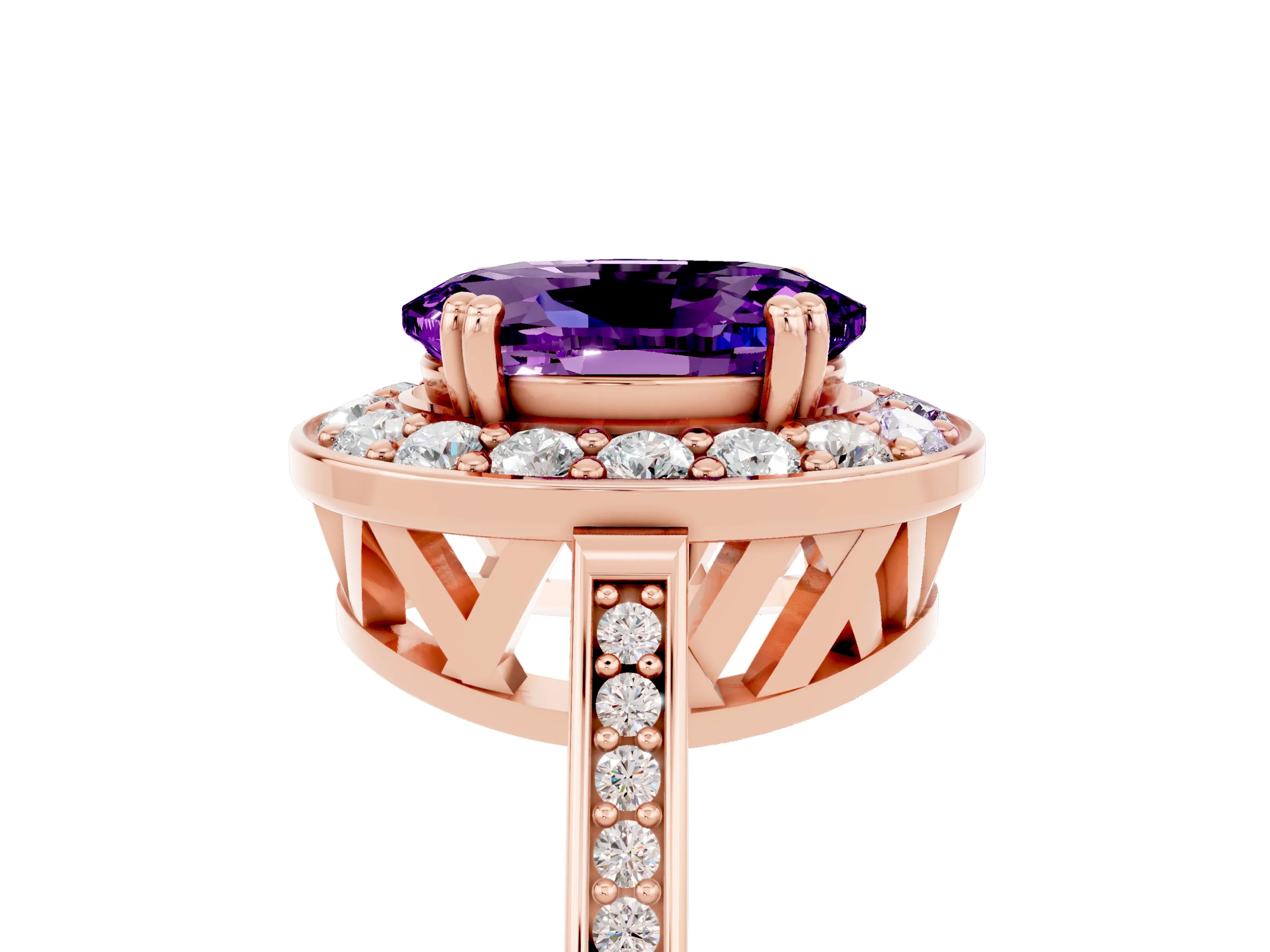 Rose gold Oval Cut Amethyst Halo Ring with Split Shank and Four-Prong Setting_5
