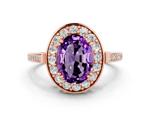 Rose gold Oval Cut Amethyst Halo Ring with Split Shank and Four-Prong Setting