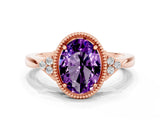 Rose gold Oval Cut Amethyst Halo Ring with Tapered Band and Four-Prong Setting