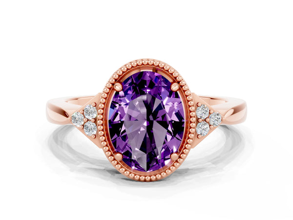 Rose gold Oval Cut Amethyst Halo Ring with Tapered Band and Four-Prong Setting