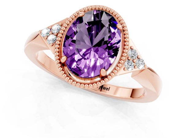 Rose gold Oval Cut Amethyst Halo Ring with Tapered Band and Four-Prong Setting