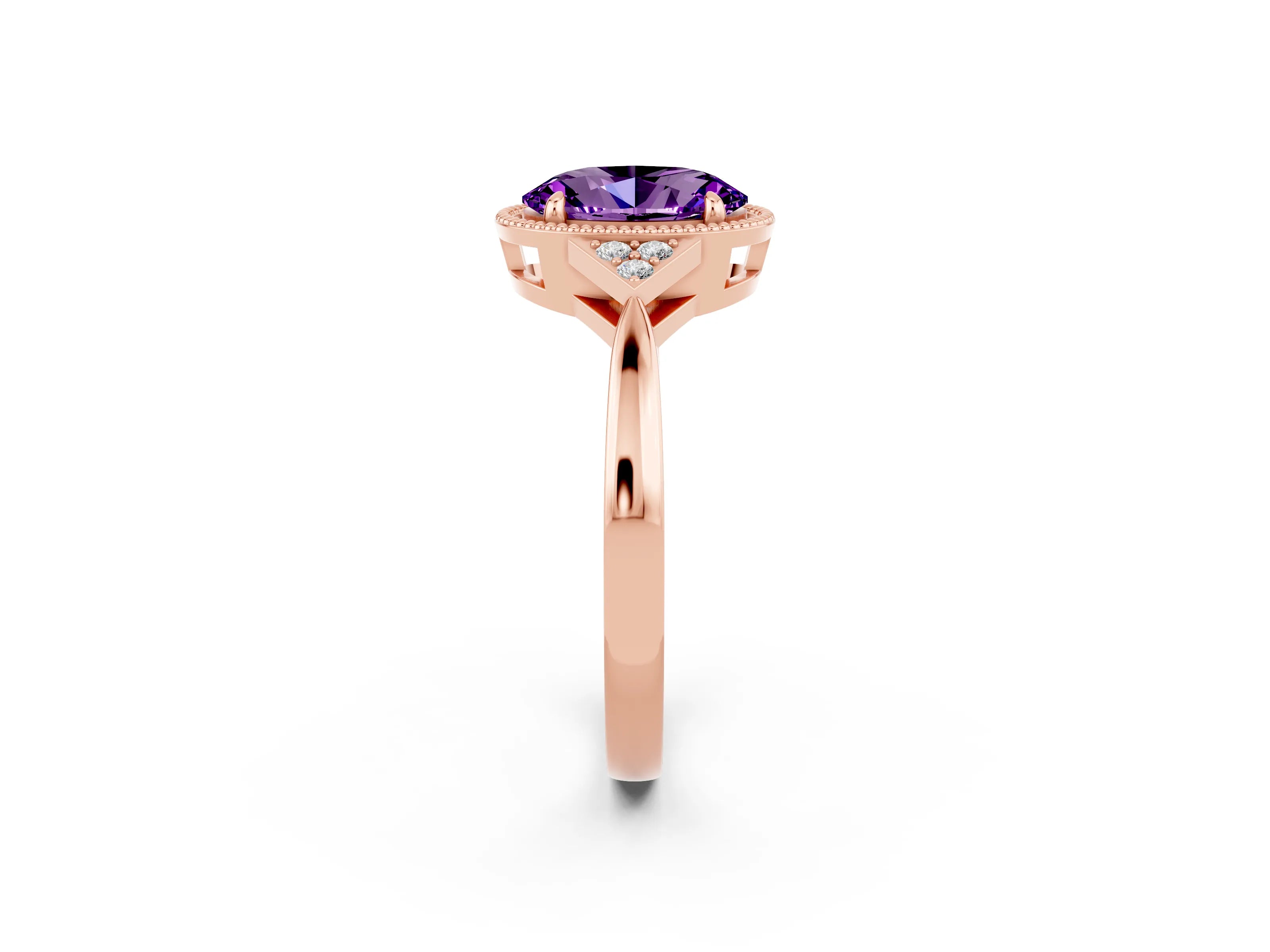 Rose gold Oval Cut Amethyst Halo Ring with Tapered Band and Four-Prong Setting_2
