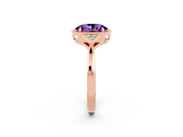 Rose gold Oval Cut Amethyst Halo Ring with Tapered Band and Four-Prong Setting