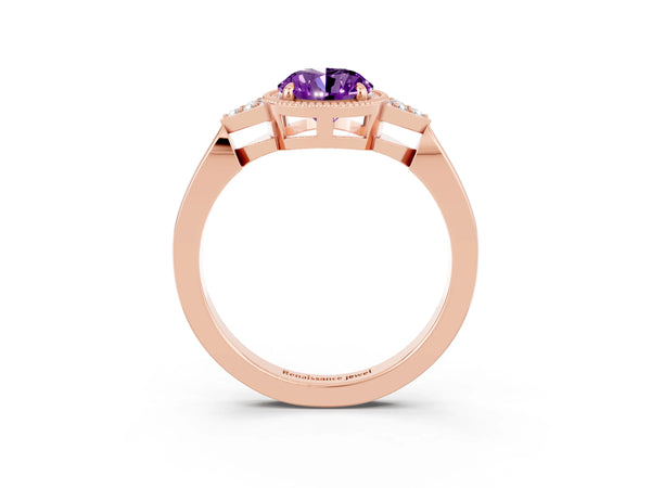 Rose gold Oval Cut Amethyst Halo Ring with Tapered Band and Four-Prong Setting