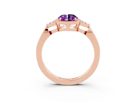 Rose gold Oval Cut Amethyst Halo Ring with Tapered Band and Four-Prong Setting_3