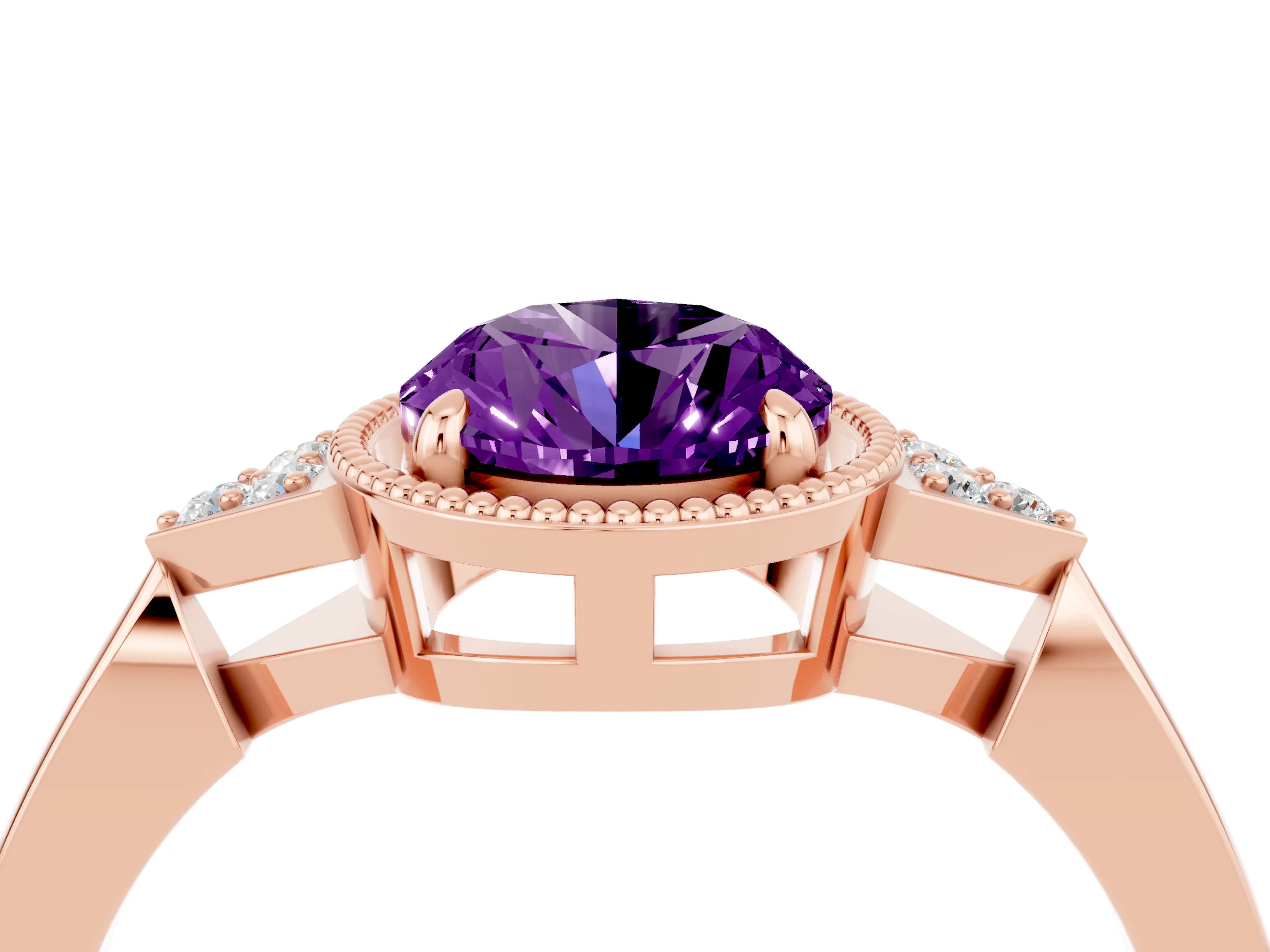 Rose gold Oval Cut Amethyst Halo Ring with Tapered Band and Four-Prong Setting_4