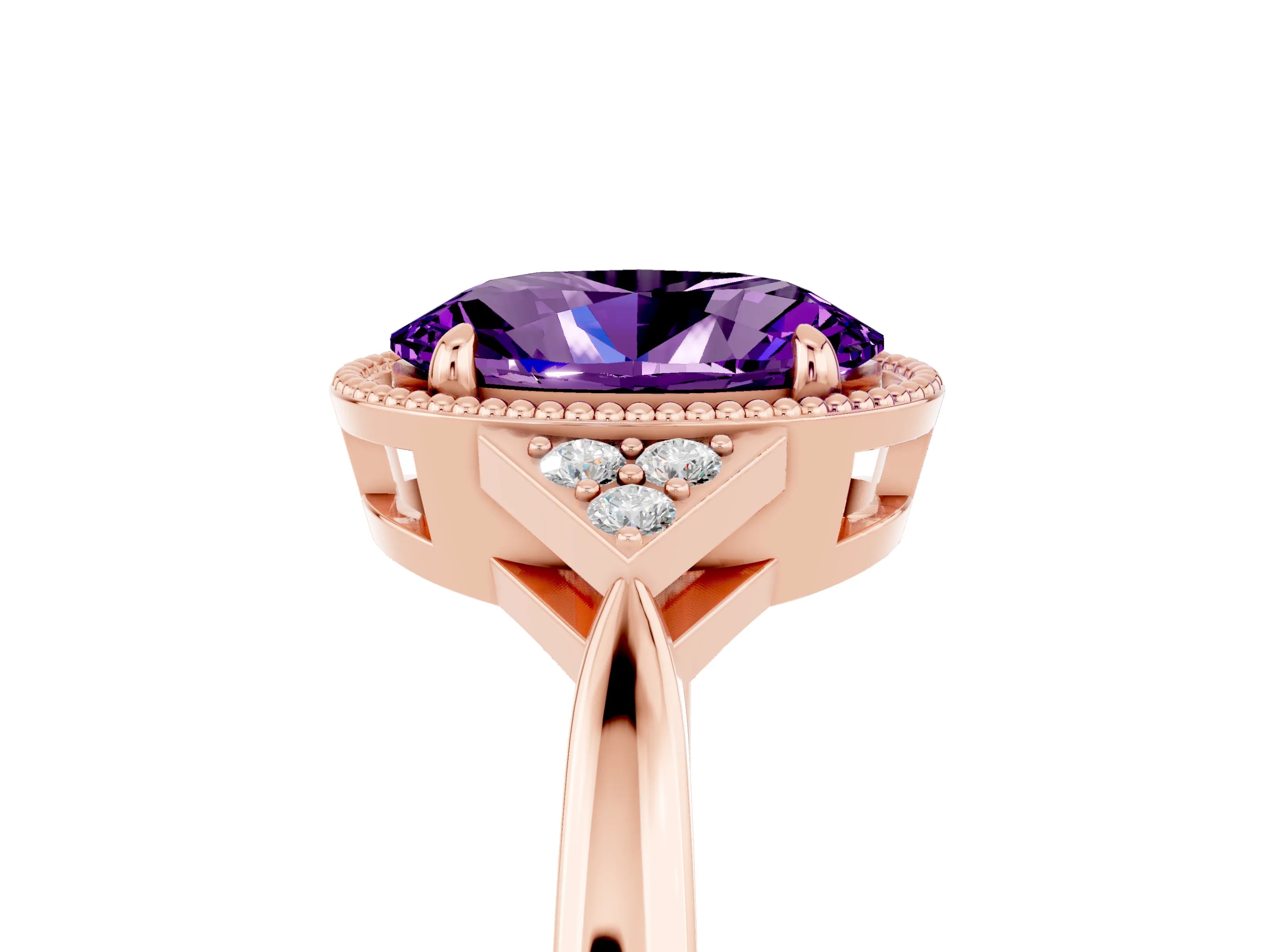 Rose gold Oval Cut Amethyst Halo Ring with Tapered Band and Four-Prong Setting_5