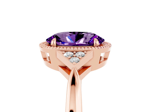 Rose gold Oval Cut Amethyst Halo Ring with Tapered Band and Four-Prong Setting_5