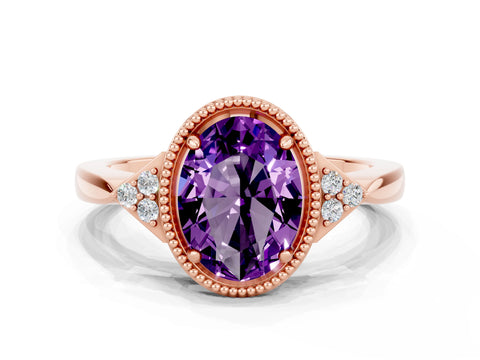 Rose gold Oval Cut Amethyst Halo Ring with Tapered Band and Four-Prong Setting