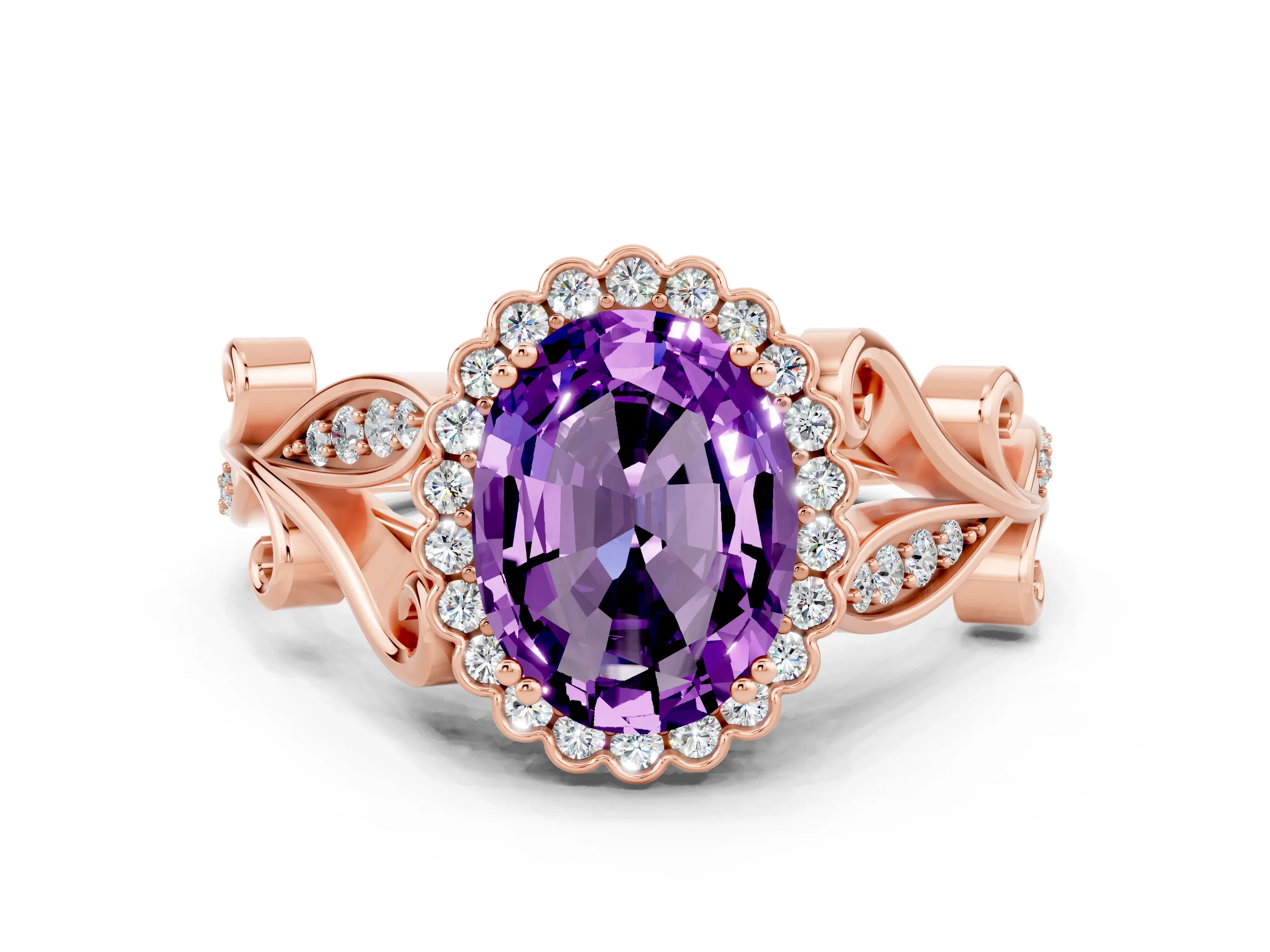 Rose gold Oval Cut Amethyst Halo Ring with Vintage Split Shank and Four-Prong Setting