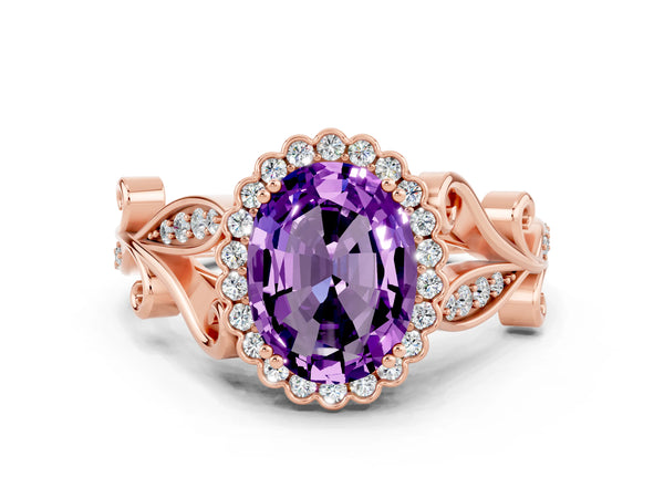 Rose gold Oval Cut Amethyst Halo Ring with Vintage Split Shank and Four-Prong Setting