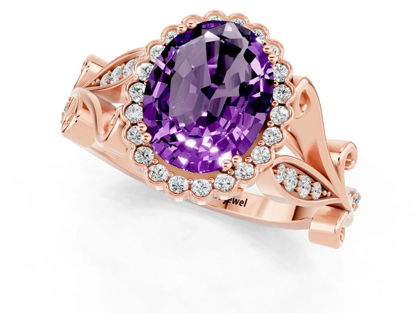 Rose gold Oval Cut Amethyst Halo Ring with Vintage Split Shank and Four-Prong Setting