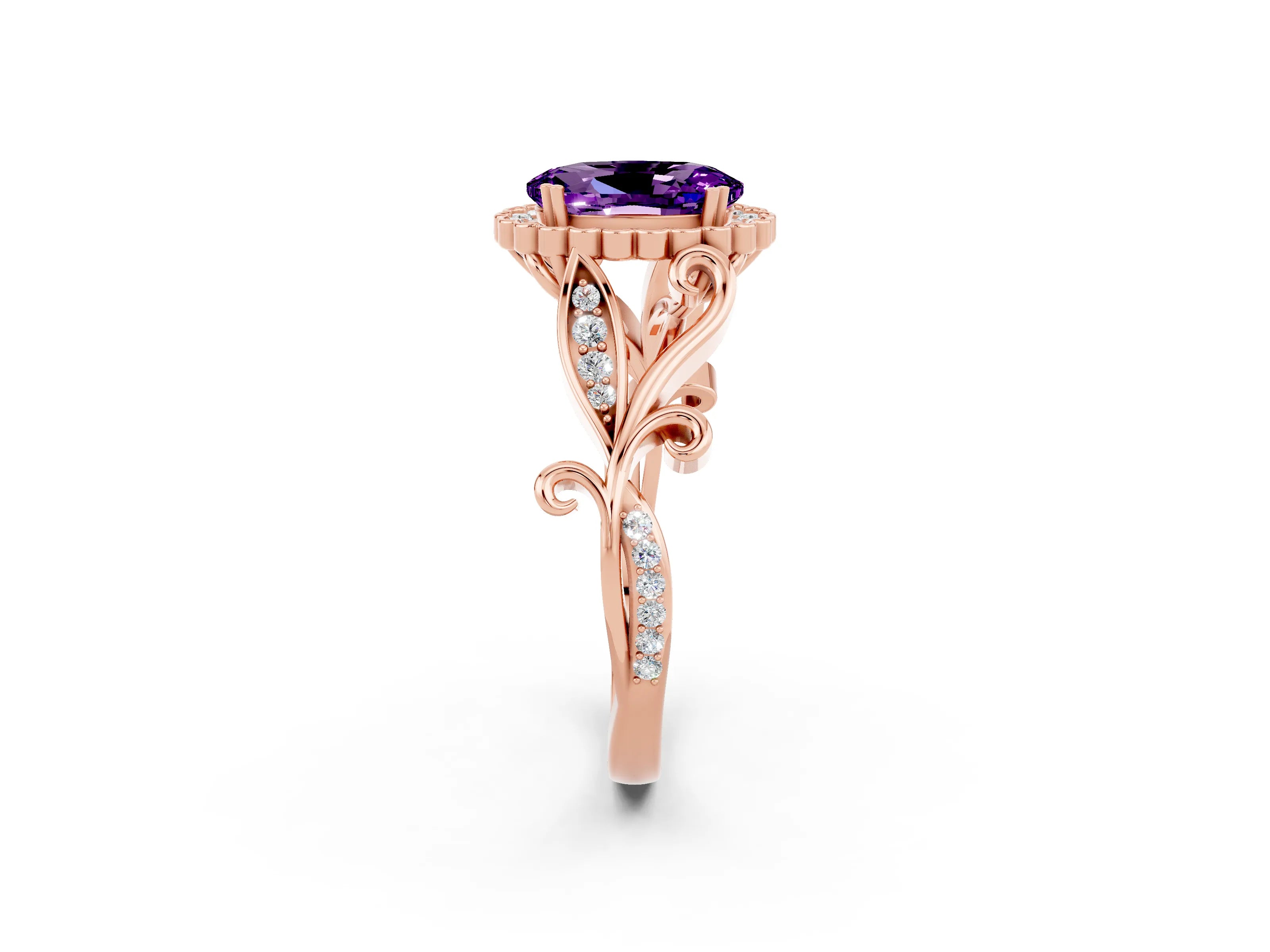 Rose gold Oval Cut Amethyst Halo Ring with Vintage Split Shank and Four-Prong Setting_2