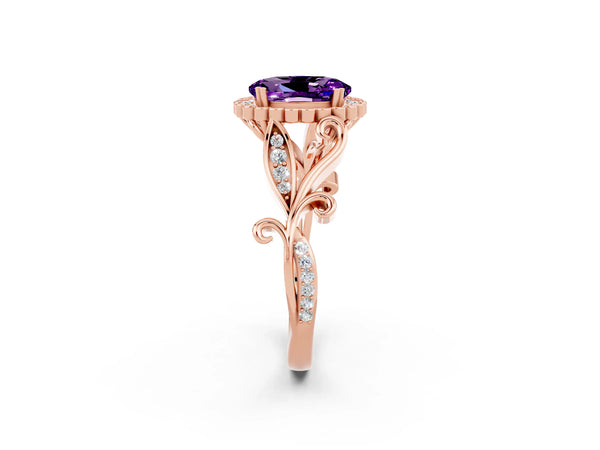 Rose gold Oval Cut Amethyst Halo Ring with Vintage Split Shank and Four-Prong Setting