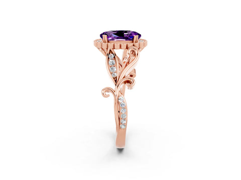 Rose gold Oval Cut Amethyst Halo Ring with Vintage Split Shank and Four-Prong Setting_2