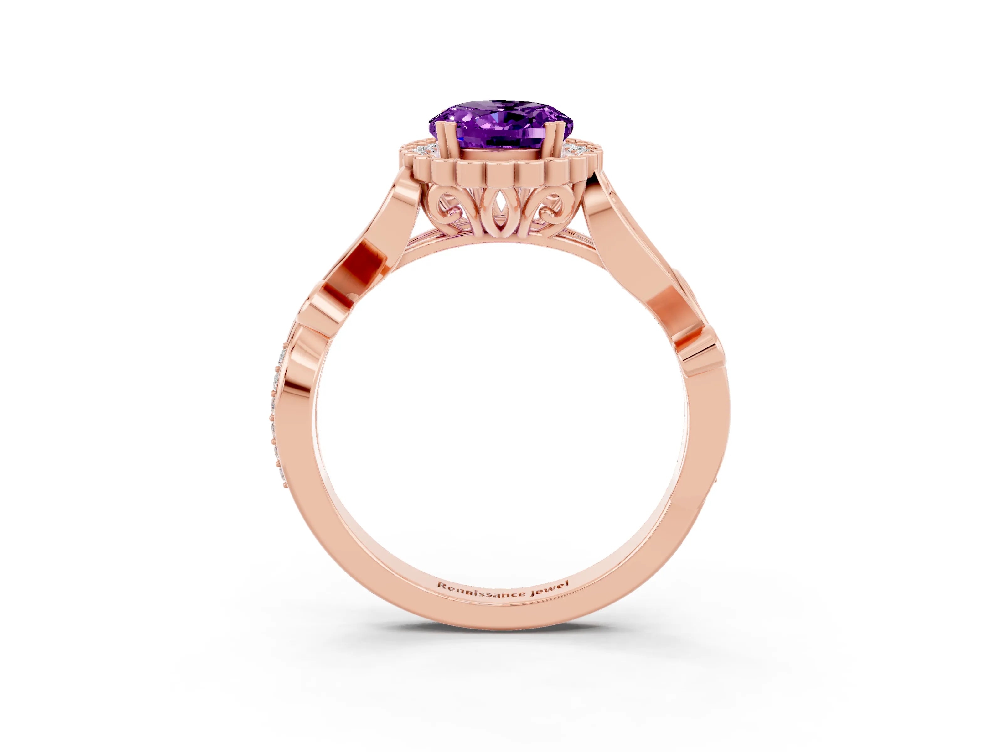 Rose gold Oval Cut Amethyst Halo Ring with Vintage Split Shank and Four-Prong Setting_3