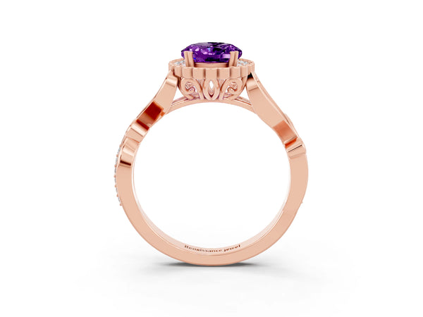 Rose gold Oval Cut Amethyst Halo Ring with Vintage Split Shank and Four-Prong Setting