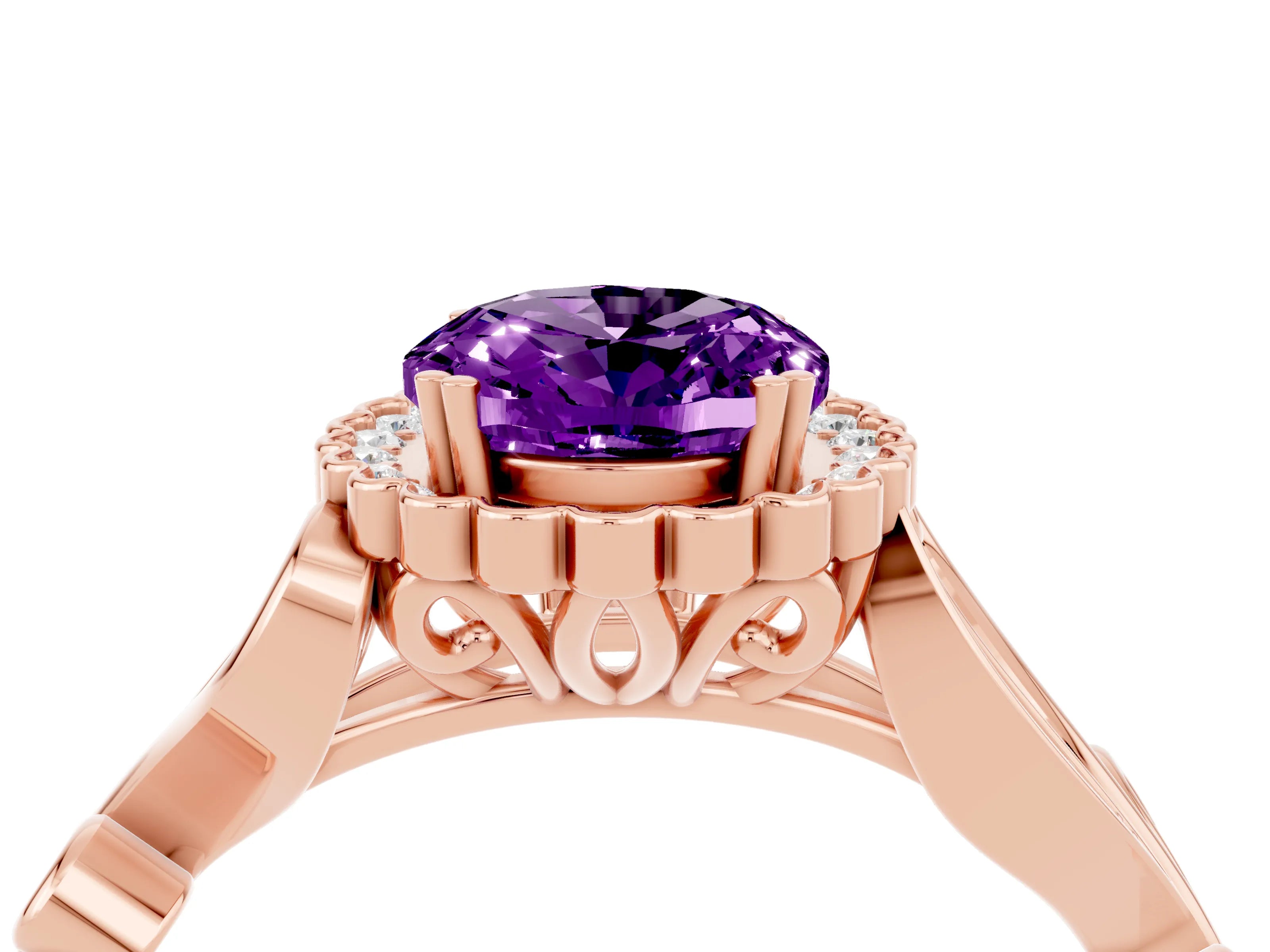 Rose gold Oval Cut Amethyst Halo Ring with Vintage Split Shank and Four-Prong Setting_4