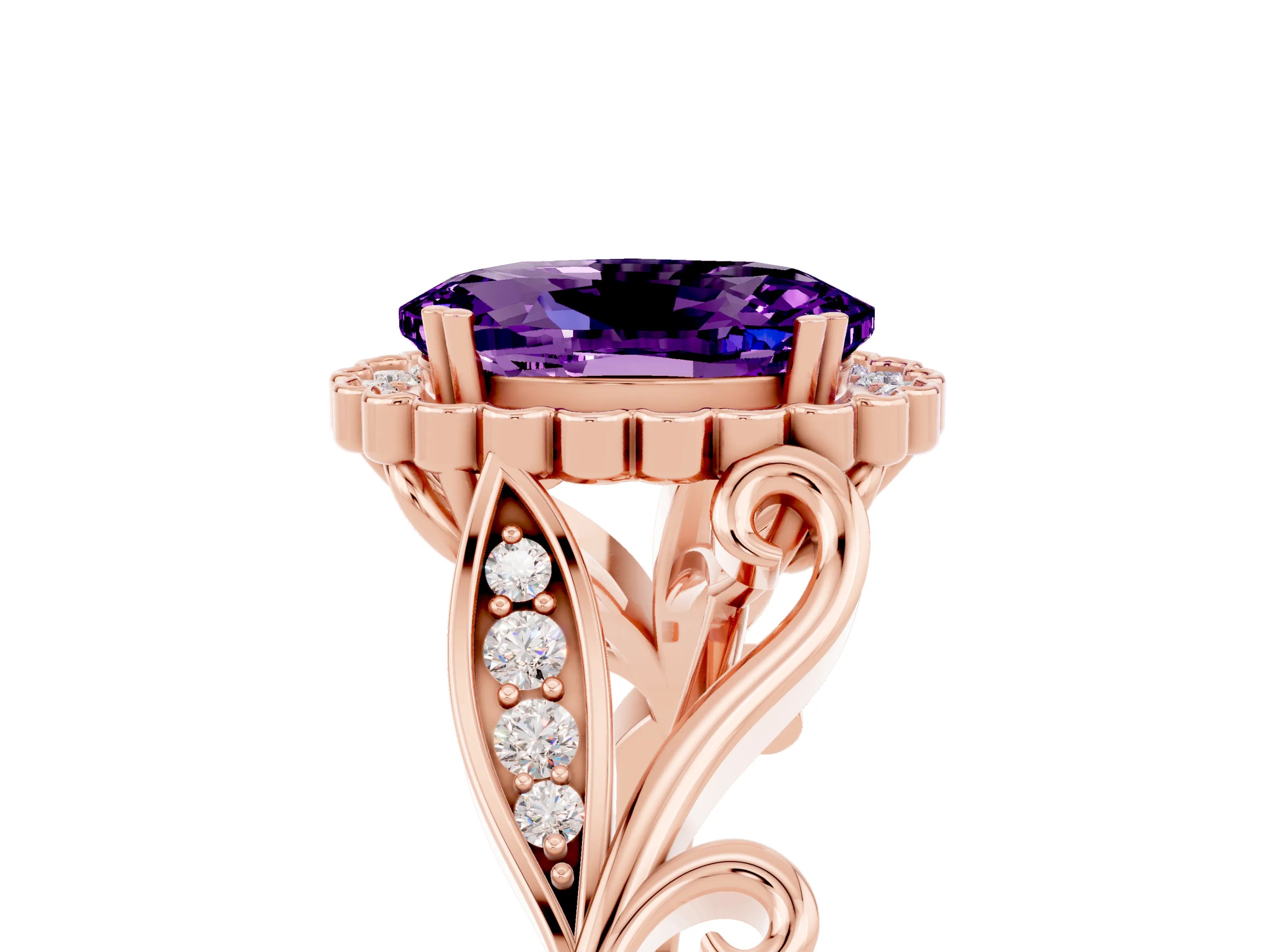 Rose gold Oval Cut Amethyst Halo Ring with Vintage Split Shank and Four-Prong Setting_5