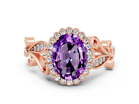 Rose gold Oval Cut Amethyst Halo Ring with Vintage Split Shank and Four-Prong Setting