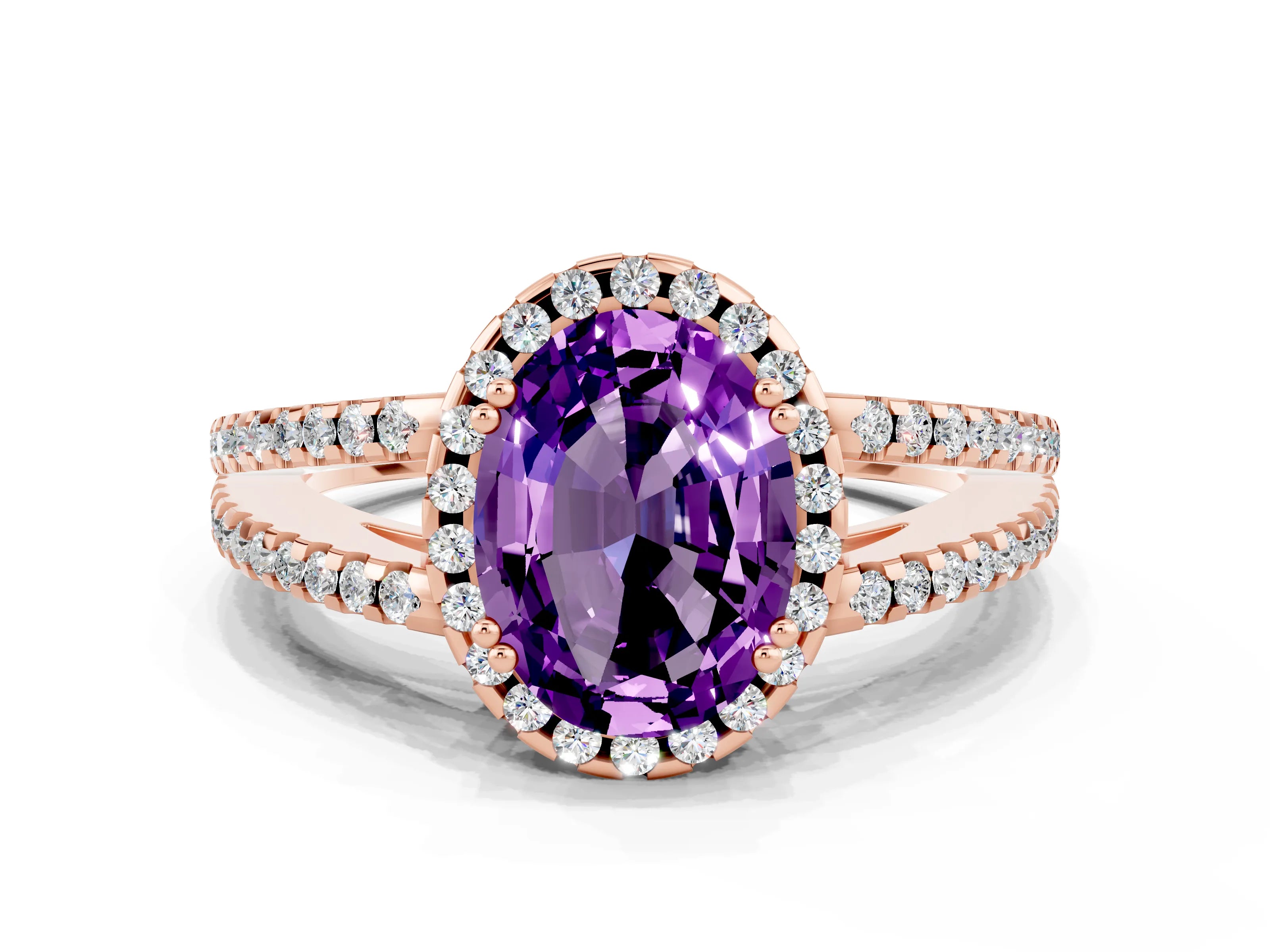 Rose gold Oval Cut Amethyst Halo Split Shank Engagement Ring_12