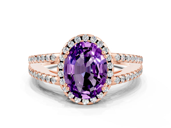 Rose gold Oval Cut Amethyst Halo Split Shank Engagement Ring