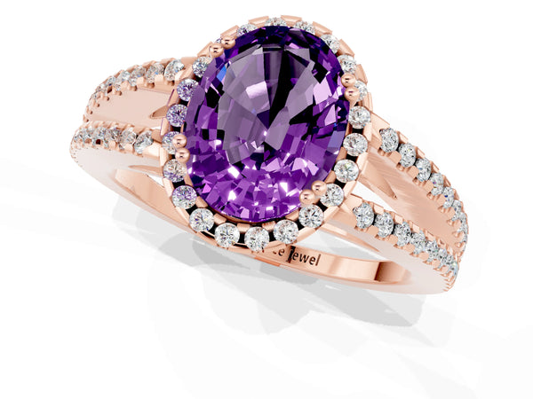 Rose gold Oval Cut Amethyst Halo Split Shank Engagement Ring