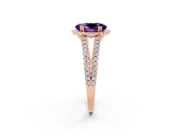 Rose gold Oval Cut Amethyst Halo Split Shank Engagement Ring