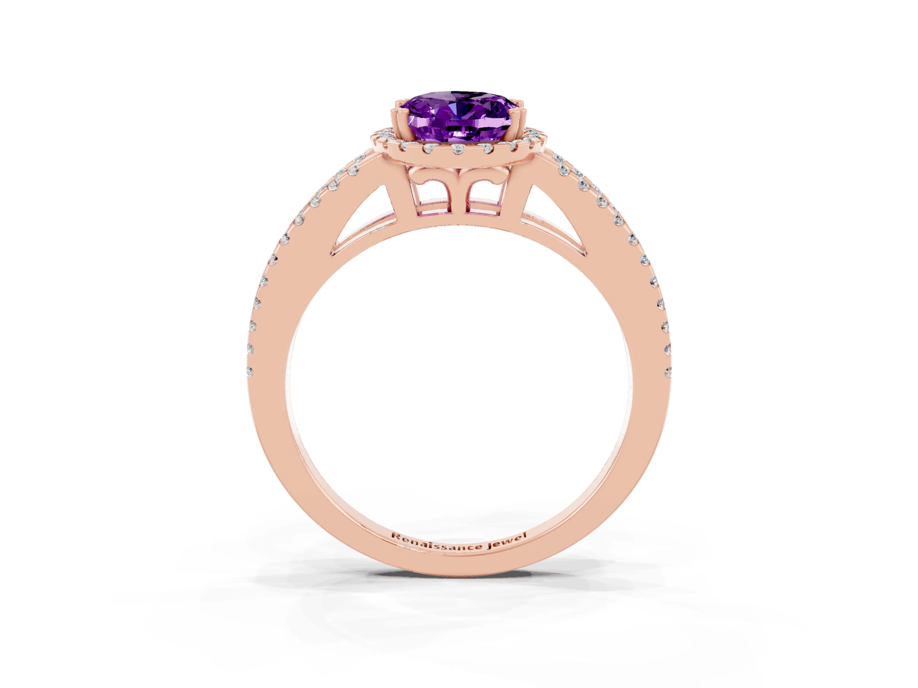 Rose gold Oval Cut Amethyst Halo Split Shank Engagement Ring_15
