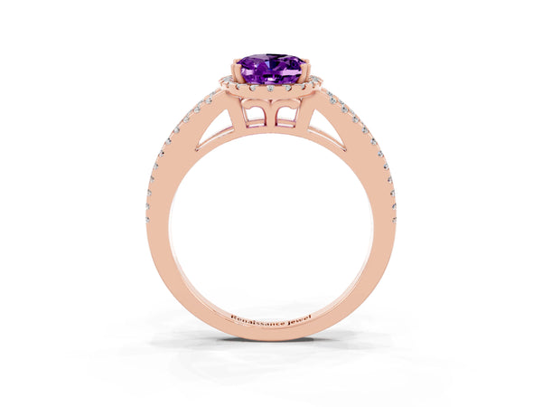 Rose gold Oval Cut Amethyst Halo Split Shank Engagement Ring