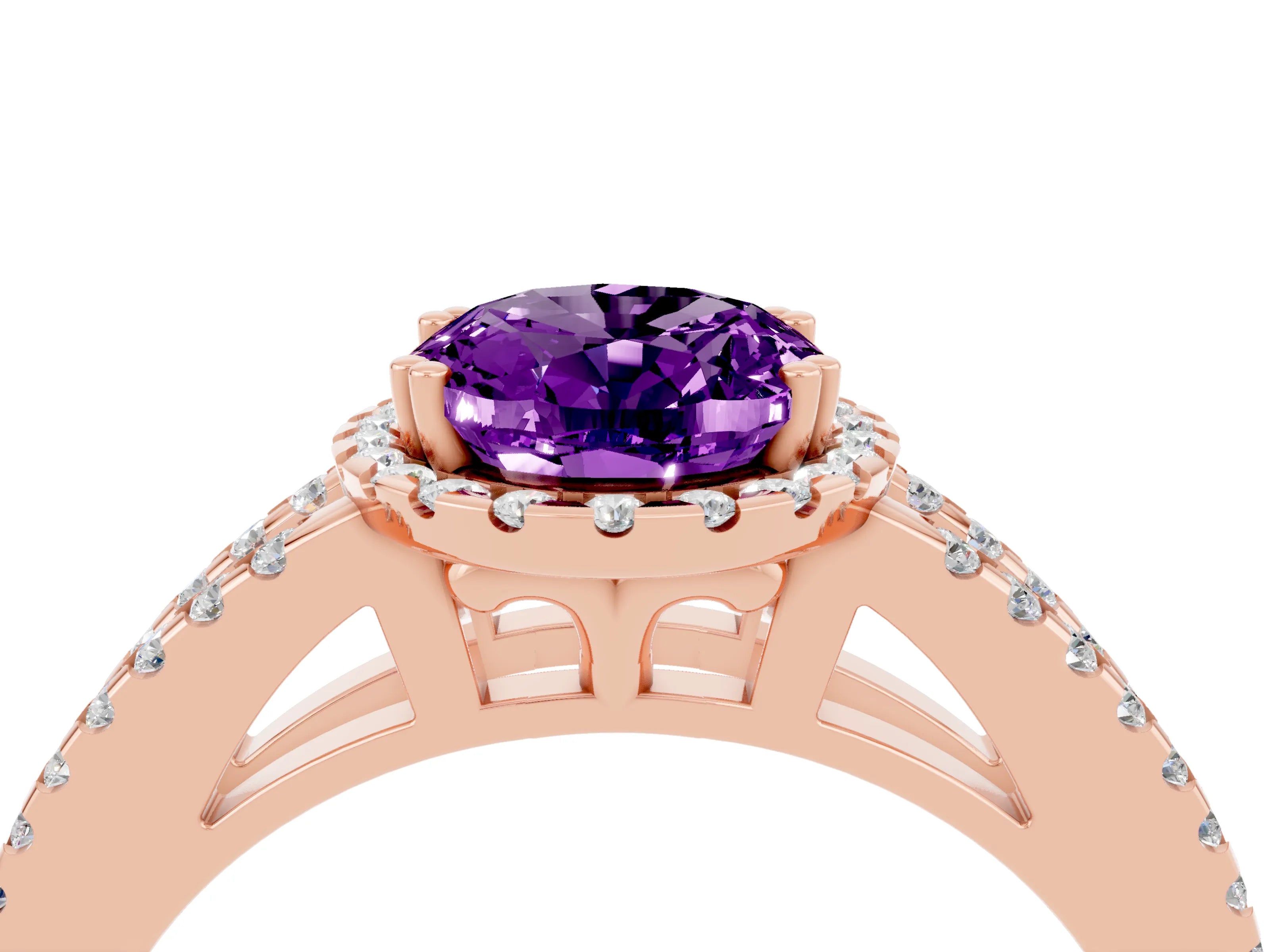 Rose gold Oval Cut Amethyst Halo Split Shank Engagement Ring_16