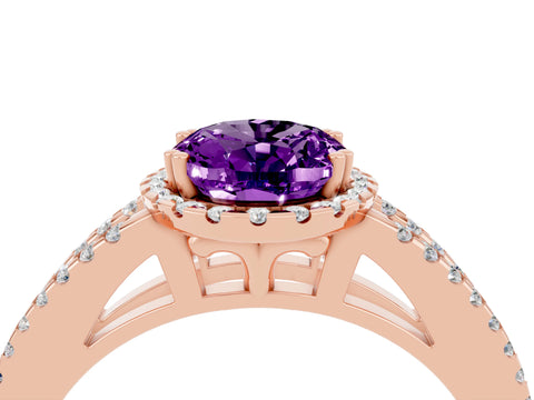 Rose gold Oval Cut Amethyst Halo Split Shank Engagement Ring_16